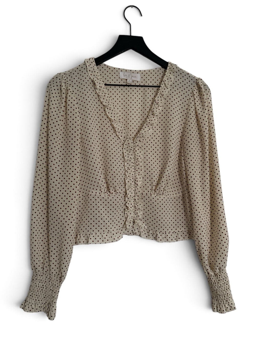 Ruffle V-Neck Polka Dot Blouse - Cream/Black